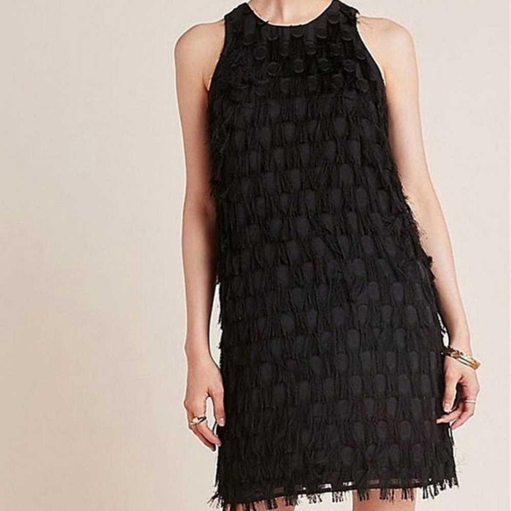 ANTHROPOLOGIE | Women Roxie Black Textured Fringe Sleeveless Shift Dress size 10